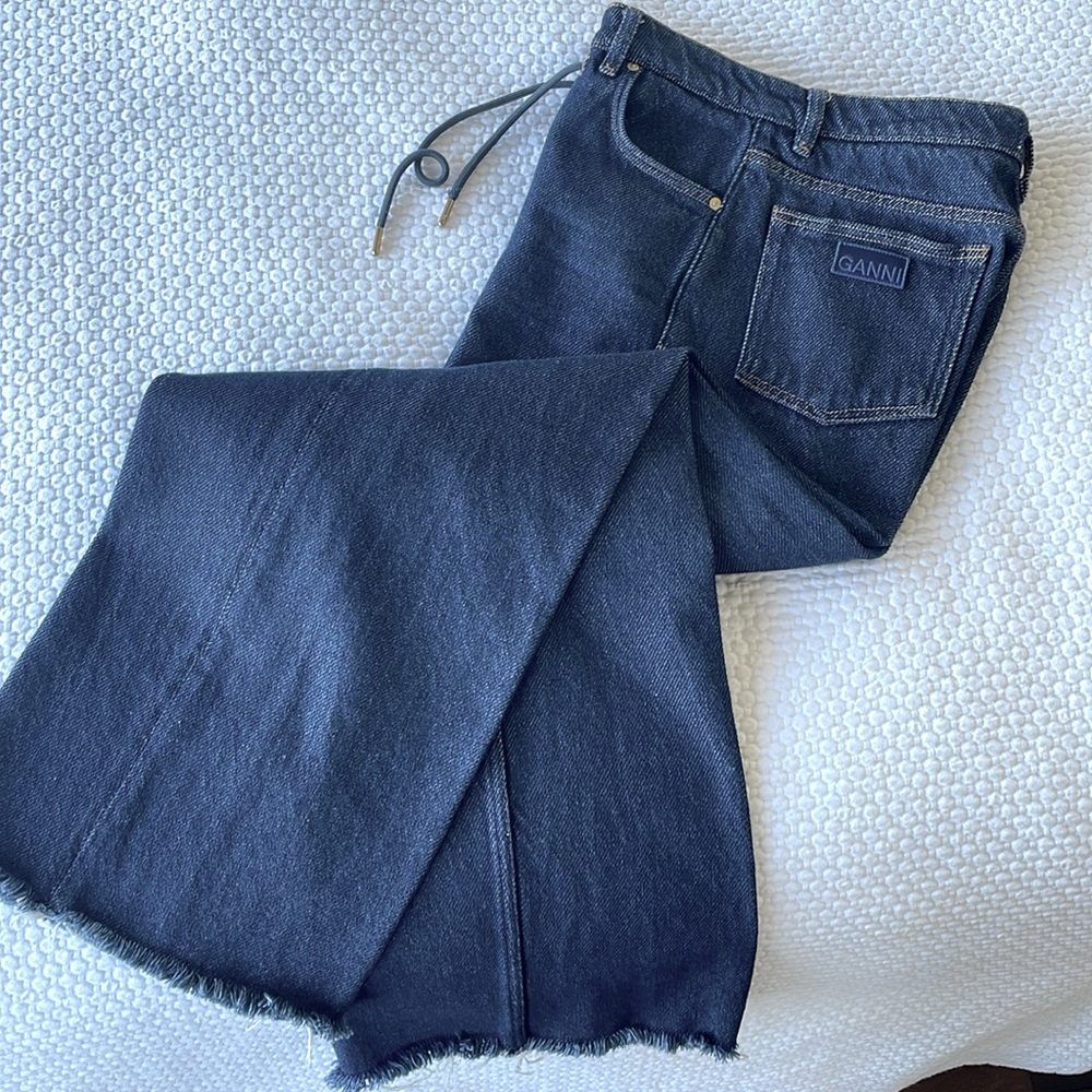 GANNI women’s dark denim buttonfly, wide leg Blue Jeans with drawstring waist